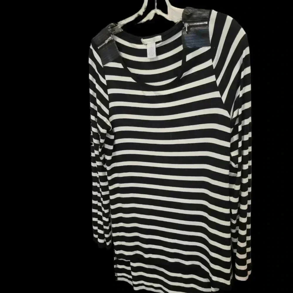Design History Striped Black & White Tunic  Overblouse either leather inserts L